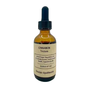 Amber cinnamon tincture bottle with dropper, promoting healthy blood sugar, inflammation, and cardiovascular health.