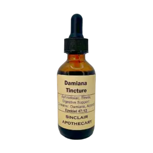 Damiana Tincture for Libido Stress and Digestive Support Small amber glass bottle of Damiana Tincture with dropper for herbal health benefits.