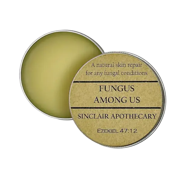 Natural fungal skin treatment in a rustic tin container, Sinclair Apothecary product isolate.