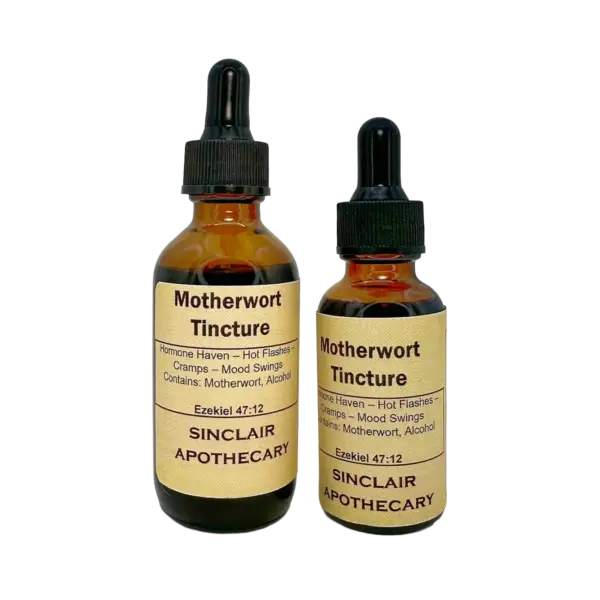 Two amber bottles of Motherwort Tincture with labels for hormone health and herbal remedy details.