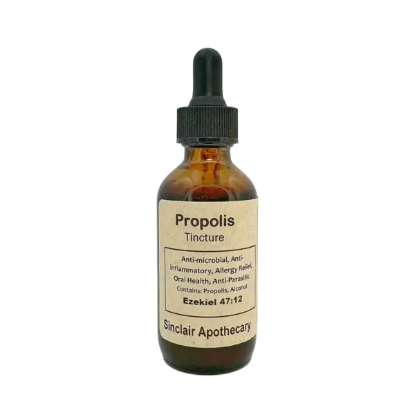 Amber glass bottle of Sinclair Apothecary Propolis Tincture with dropper for oral and immune health.