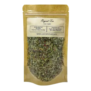 Regent Tea organic herbal blend for skin health in kraft pouch with visible herbs, featuring Sinclair Apothecary branding.