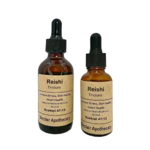 Amber glass tincture bottles containing Reishi mushroom extract, supporting immune, stress, skin, and heart health.